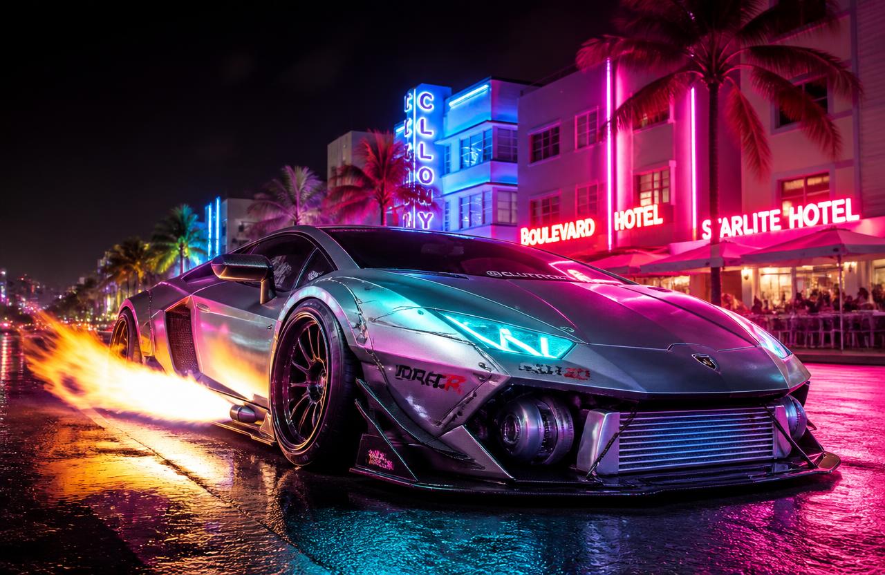 Wide-body exotic supercar with front-mount intercooler and turbo piping shooting flames from its exhaust on a neon Miami street